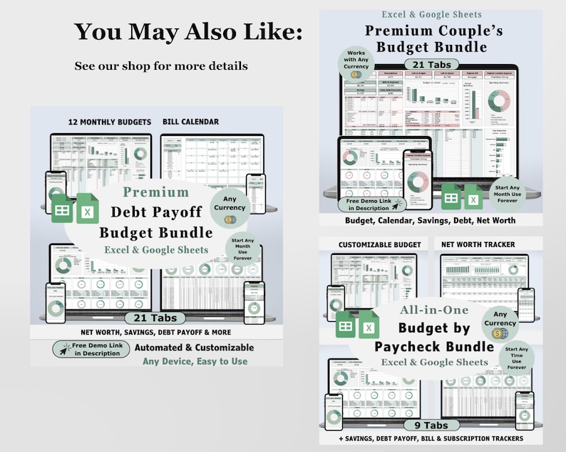 May include: Digital budget bundles for Excel and Google Sheets are displayed on laptops, tablets, and phones. The image includes text such as "Premium Debt Payoff Budget Bundle" and "Premium Couple's Budget Bundle". The bundles offer features like budgeting, savings, and debt payoff.