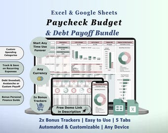 Planilha de Planejamento de Orçamento Salarial, Rastreador de Pagamento de Dívidas, Modelo do Excel, Planilhas Google, Planejador de Finanças Pessoais, Calculadora de Pagamento de Empréstimos