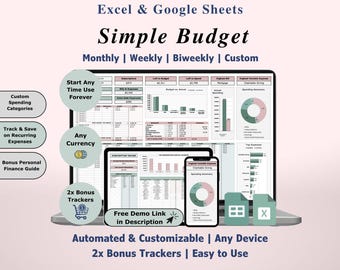 Planilha de orçamento simples em Excel, modelo do Google Sheets, planejador de orçamento, rastreador de despesas semanais e mensais, planilha de orçamento, planejador financeiro.