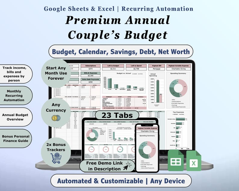 Couples Budget Spreadsheet Family Budget Planner Excel Template Google Sheets with Monthly Expense Tracker and Digital Bill Calendar for Personal Finance