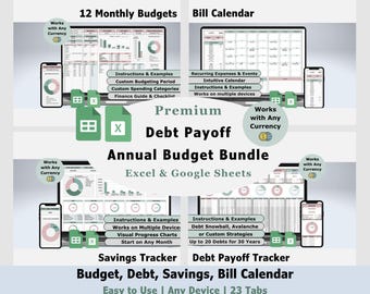 Planilha de Orçamento Anual, Planilha de Dívidas, Modelo do Excel, Planilha do Google, Rastreador de Pagamento de Dívidas, Calculadora de Pagamento de Empréstimos, Planejador Financeiro Mensal