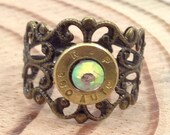 Antique Bronze Filigree Ring, Brass Bullet, Light Green AB Crystal Rhinestone (crystal rhinestone picks up many different colors).