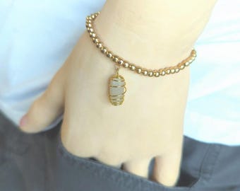 Gold Beaded Stretch Bracelet: Healing Pecos Diamond Quartz, Protection Jewelry