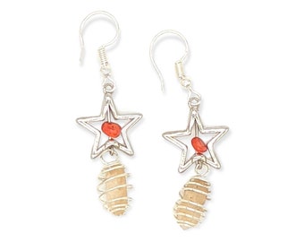 Dazzling Pecos Diamonds Quartz Crystal Silver Star Red Bead Earrings