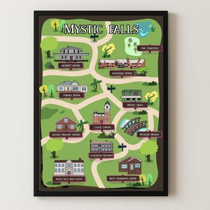 May include: A framed map of Mystic Falls, featuring key locations like Gilbert House, Salvatore House, and Mystic Grill. The map is illustrated with a green and brown color scheme, with roads and landmarks labeled. The map is in a black frame.