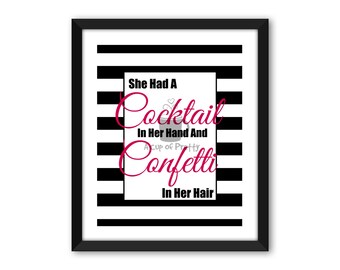 Cocktail and Confetti // Pink and Black// 8x10 Printable// Poster Art Print