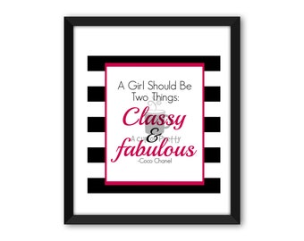 Coco Chanel // A Girl Should Be Two Things Classy and Fabulous // 8x10 Printable // black and pink striped poster art print