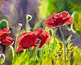 Red Poppy Art Print, Red Poppy Watercolor, Poppy wall art, Red Poppies painting - by Andy Sewell