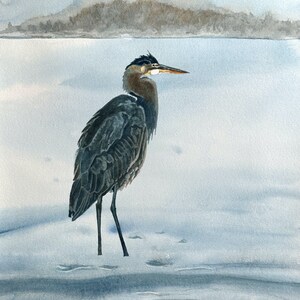 Blue Heron Watercolor Painting Print, Great Blue Heron Print, Heron Room Decor, Blue Heron Art, Heron in winter, Andy Sewell&#39;s art