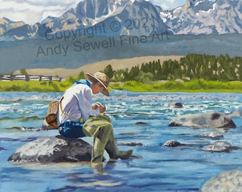 A "Sawtooth Solitude" - an Original Oil Painting or Open Edition Print of a Fly-fisherman on Idaho's Salmon River.