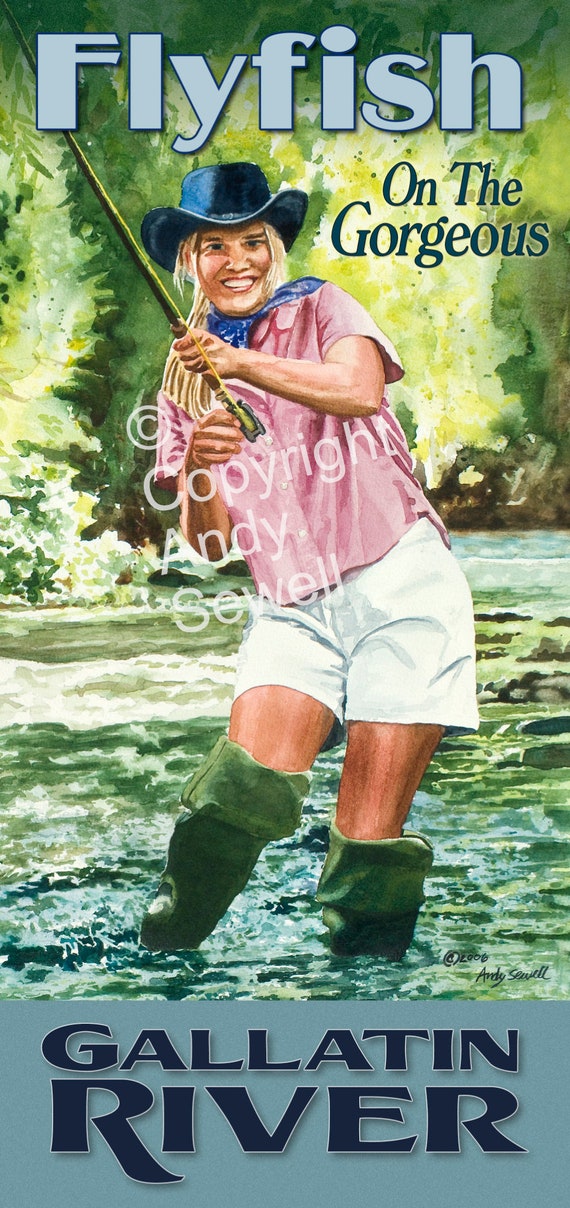 Fly Fishing Pinup Archival Vintage Look Fly Fishing Art Print, Gallatin  River Vintage Art Print by Andy Sewell 