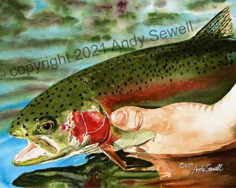A "Rainbow Release" Rainbow Trout wall Art Print - a ltd. ed. s/n giclee rainbow trout art print from a watercolor - by Andy Sewell