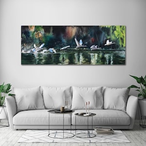 a &quot;Seven Swans were Swimming&quot; - signed edition giclee art print  from oil painting, swans, swans in flight,  swans splashing