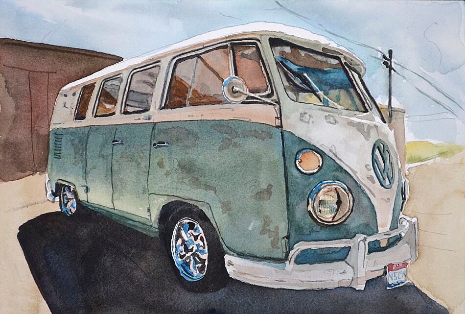 Volkswagen art print” watercolor art print - a ltd. edition s/n giclee  reprod. vw bus wall art - by Andy Sewell