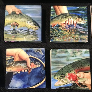 Four Trout Fish theme coasters set of 4 - Sandstone feel, matte ceramic coaster set