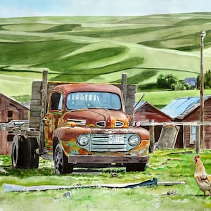 Alter Ford Truck, Ford Ranch Truck, Farm Truck mit Huhn, - signiert Ed., Giclée von Aquarell eines alten Ford Truck