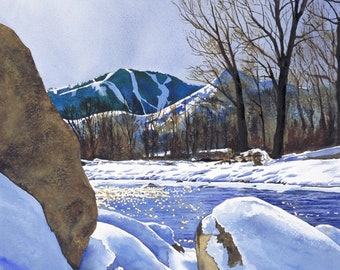 Sun Valley Idaho art - a Orig. watercolor or ltd. ed. giclee reprod. from a watercolor of Sun Valleys, Idaho's Bald Mtn.,  - by Andy Sewell