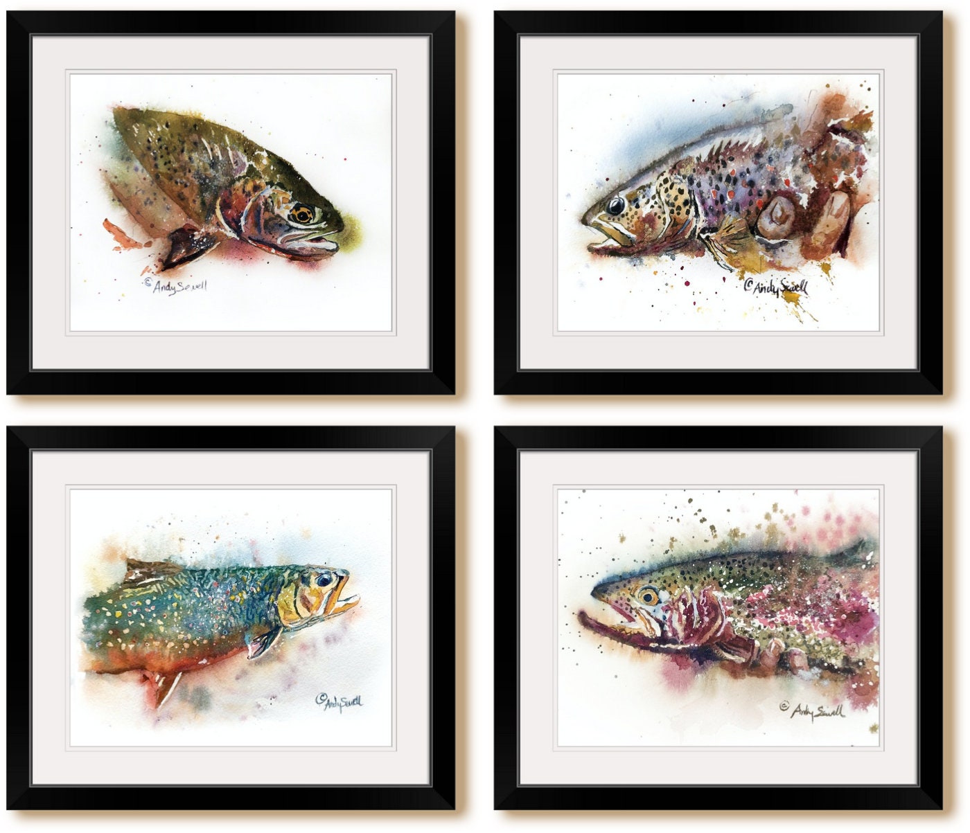 Brook Trout Splashes Original Transp. Watercolor or Print, Brook Trout