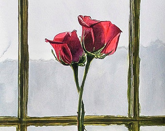 Red Rose Art Print - a limited edition s/n giclee art print from an original watercolor of two red roses entwined in a vase - by Andy Sewell