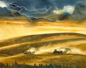 Palouse Storm art, farmland lightning storm print, - a ltd. reprod. from a watercolor of the palouse country landscape, Doubltime B4 Storm