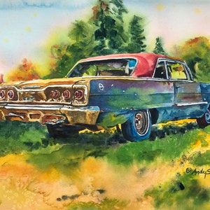 Classic car 1963 Chevy Impala  - Original watercolor or signed Giclée Prints of old Chevy Impala, Impala wall art, 63 impala art print