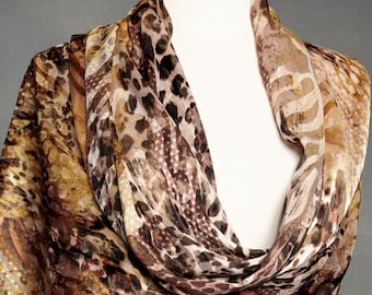 Animal Print Silk Scarf Burnout Black Cream and shades of Muted Taupe  Neck Head Scarf Wrap Luxury Gifts High Fashion