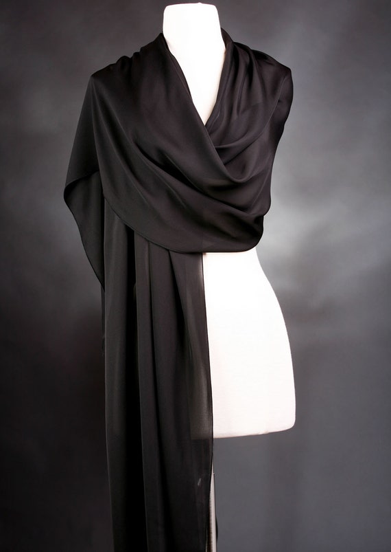 Long Black Handmade Scarf Georgette Luxury Scarf Evening Scarf