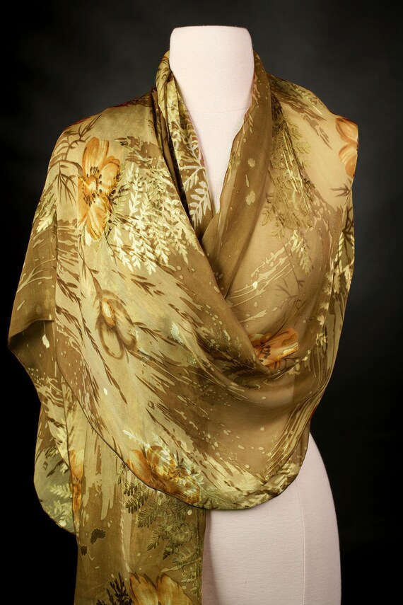 Beige Scarf Silk Scarf Chiffon Scarf Brown Scarf Handmade Scarf Floral Pattern Scarf Neck Scarf Shoulder Wrap Fashion Scarves Summer Scarf Etsy