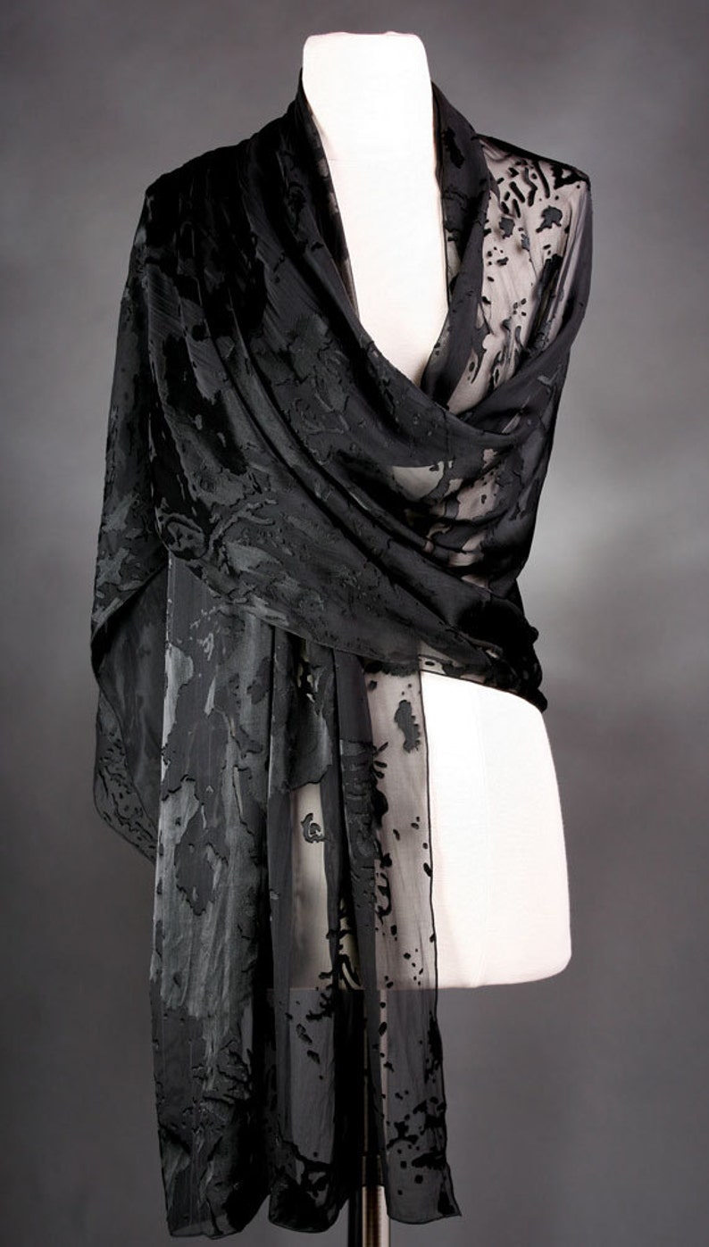 Black Silk Scarf Chiffon Long Handmade Wide Burnout Black - Etsy UK
