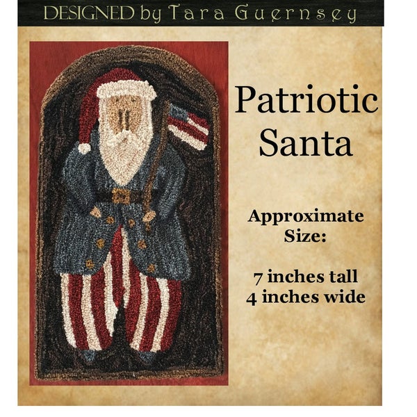 Instant Download Pattern! Patriotic Santa Perfect Prim Punch Needle Folk Art Rug Hook Red White Blue Old Flag Stars Stripes Tattered