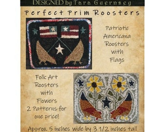 Instant PDF Download! Perfect Prim Roosters. Punch Needle Embroidery 2 in 1 Pattern Patriotic Americana Folk Art Design. Red White Blue Flag