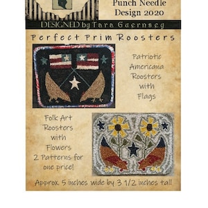 ¡Descarga instantánea de PDF! Gallos Prim perfectos. Bordado con aguja perforadora 2 en 1 Patrón Diseño de arte popular patriótico americano. Bandera Azul Blanca Roja