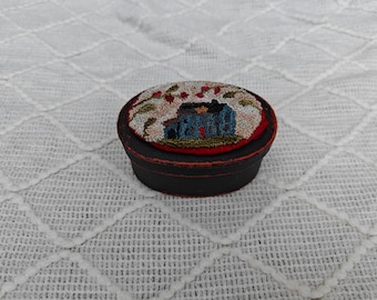 Finished Punch Needle Embroidery Artwork. Saltbox House design on Box.