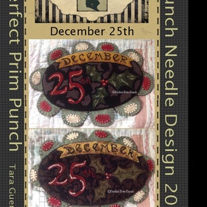 Könnte beinhalten: Ein Stickmuster für eine Weihnachts-Kerzenunterlage. Das Muster zeigt eine rote und weiße "25th" mit einem Stechpalmenzweig und dem Wort "Dezember" in einem Banner. Das Muster ist in zwei Größen erhältlich und beinhaltet DMC- und Valdani-Garn.