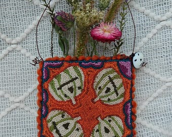 FINISHED Primitive Punch Needle Embroidery. Pumpkin Patch, Pineberry Lane. Hanging Halloween Pocket