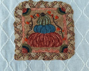 FINISHED Primitive Punch Needle Embroidery. Pumpkin Pile, Sharon Schwalbach