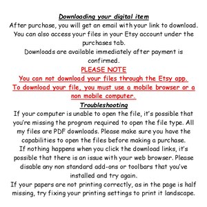 May include: Text-based instructions on how to download digital items purchased on Etsy. The text explains how to download files after purchase, how to access files in the Etsy account, and troubleshooting tips for opening and printing files.