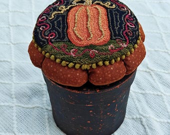 Finished Punch Needle Embroidery Artwork. Pumpkin design mounted on a fabric lined and painted box.