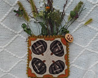 FINISHED Primitive Punch Needle Embroidery. Pumpkin Patch, Pineberry Lane. Hanging Halloween Pocket