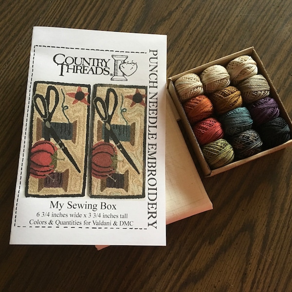 My Sewing Box Thread Kit! Punch Needle Embroidery. Perfect Prim Country. Choose from Valdani or Sullivan (DMC) Floss. Weavers Cloth