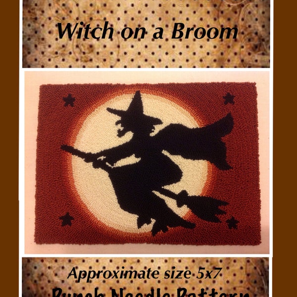 Sofort Download! Hexe auf einem Besen Perfekt Prim Punch Nadel Halloween Herbst Vollmond Besenstiel Oktober Volkskunst Landhaus Küche