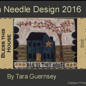 May include: A needlepoint design featuring a blue house with a yellow door and a star on the side. The house is surrounded by a green field and a tree with red leaves. The design is titled "Bless This House" and is 4 3/4 inches by 5 1/2 inches.