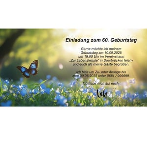 Einladungskarte, Geburtstag, Schmetterling, 40, 50, 60, 70, 80 jedes Alter, originell, einzigartig, individueller Text, einmalig, Feier