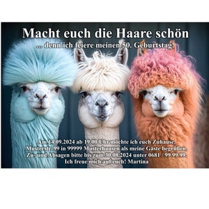 Einladungskarten, Geburtstag, lustig, Alpaka, 40, 50, 60, 70, 80 jedes Alter, originell, einzigartig, Feier, 55, 65, 75, 85, schön, Haare