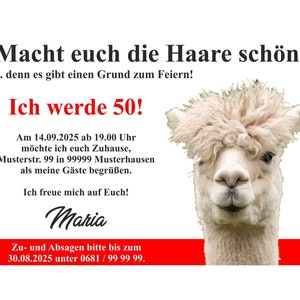 Einladungskarte, Geburtstag, lustig, Alpaka, 40, 50, 60, 70, 80 jedes Alter, originell, einzigartig, Feier, 55, 65, 75, 85, Haare schön