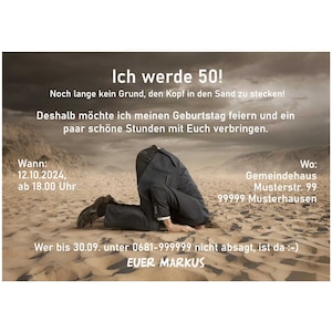 Einladungskarte, Geburtstag, lustig, Kopf im Sand, 40, 50, 60, 70, 80 jedes Alter, originell, einzigartig,