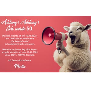 Einladungskarte, Geburtstag, lustig, Schaf, Megafon, 40, 50, 60, 70, jedes Alter, originell, einzigartig, individueller Text, Party, Feier