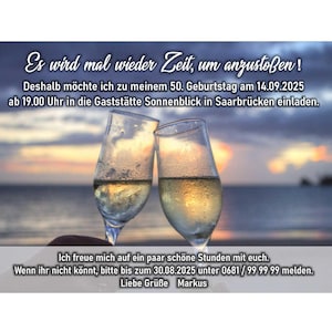 Einladungskarte, Geburtstag, Sektgläser, anstoßen, edel, 40, 50, 60, 70, 80 jedes Alter, originell, einzigartig, Feier, 55, 65, 75, 85
