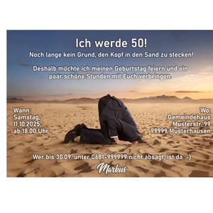 Einladungskarten, Geburtstag, Mann, Kopf im Sand, 40, 50, 60, 70, 80 jedes Alter, originell, einzigartig, Feier, schön, Feier, Party