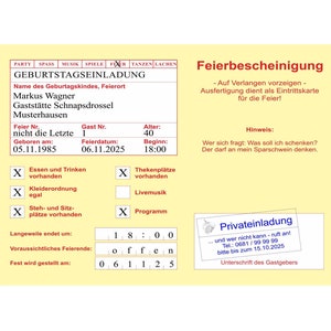 Einladungskarte, Geburtstag, Feierbescheinigung, lustig, 40, 50, 60, 70, 80 jedes Alter, originell, einzigartig, Feier, 55, 65, 75, 85